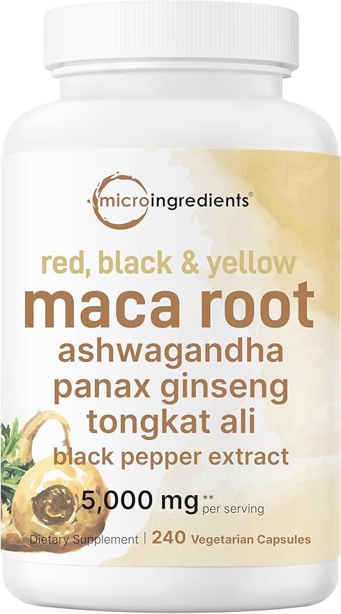 Maca Root Capsules 5000mg with Ashwagandha, Panax Ginseng, Tongkat Ali & Black Pepper – Energy, Mood & Hormone Balance – Non-GMO, Gluten-Free – 240 Veggie Capsules