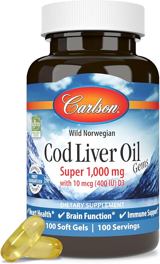 Carlson Cod Liver Oil 1000mg – Omega-3s, Vitamin A & D3 – Wild Norwegian, Sustainably Sourced – Non-GMO, Gluten-Free – 100 Softgels