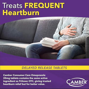 Camber Omeprazole 20mg Tablets (42 Count | 3 x 14-Day Courses) – Delayed-Release Acid Reducer for Frequent Heartburn & Acid Reflux Relief – 24-Hour Daily Antacid Treatment
