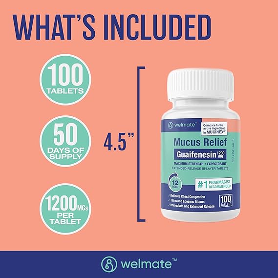 WELMATE Mucus Relief, 100 Tablets – 1200mg Guaifenesin Expectorant – 12-Hour Chest Congestion Relief