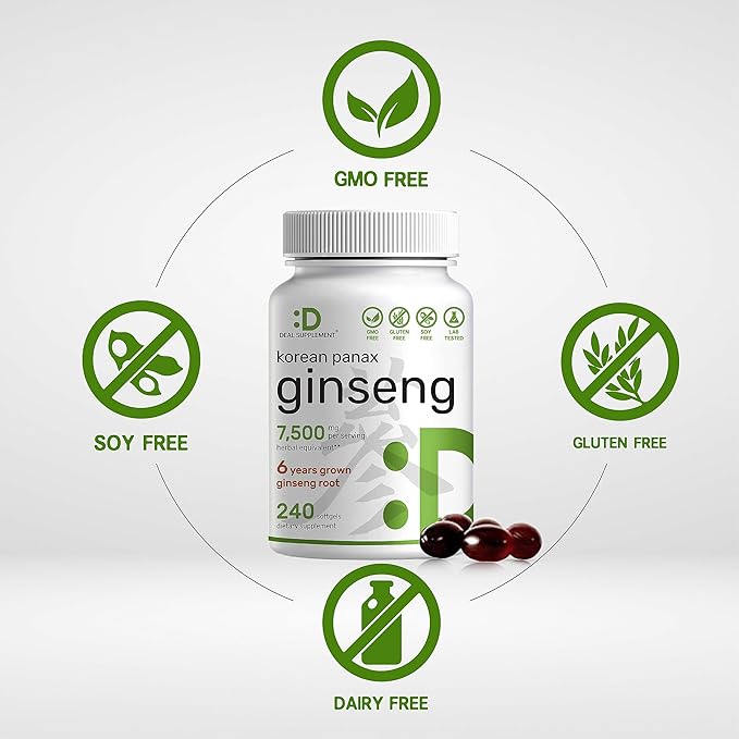 Korean Red Panax Ginseng Root Extract 7500mg – High Strength with 150mg Active Ginsenosides – Energy & Immune Support – Non-GMO, Gluten-Free – 240 Softgels