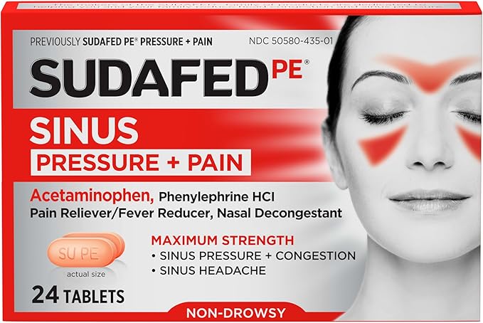Sudafed PE Sinus Pressure + Pain Relief Tablets – Maximum Strength, Non-Drowsy Sinus & Headache Relief