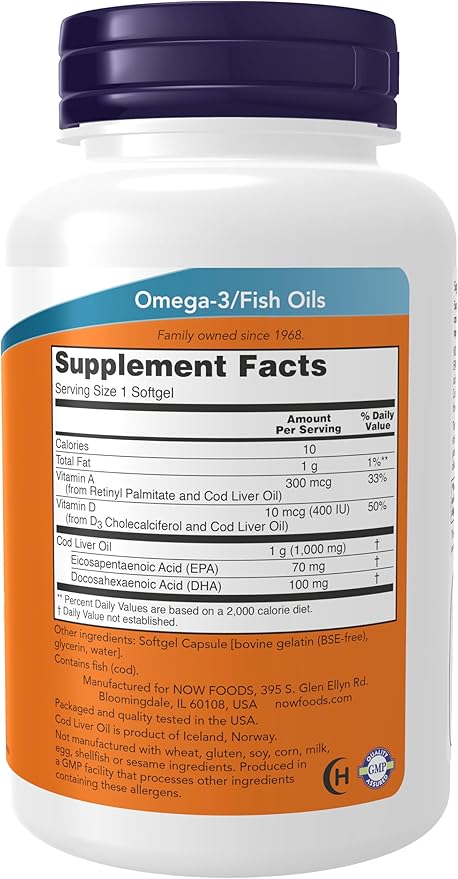 NOW Cod Liver Oil Extra Strength 1000mg with Vitamins A & D-3 – Omega-3 EPA & DHA – Cardiovascular & Immune Support – Non-GMO, Gluten-Free – 90 Softgels