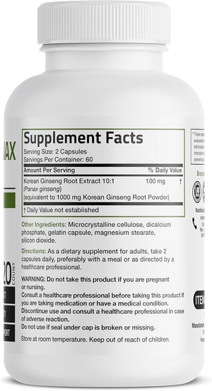 Bronson Korean Panax Ginseng 120 Capsules Supports Energy Endurance Vitality and Memory