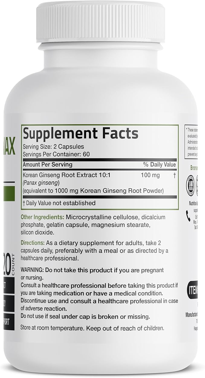 Bronson Korean Panax Ginseng 120 Capsules Supports Energy Endurance Vitality and Memory