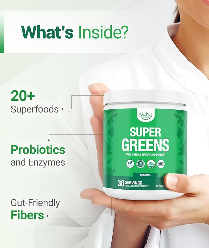 Nested Naturals Super Greens Powder – USDA Organic Superfood Blend with Spirulina, Wheatgrass, Barley Grass, Probiotics & Fiber – Detox & Energy – 30 Servings