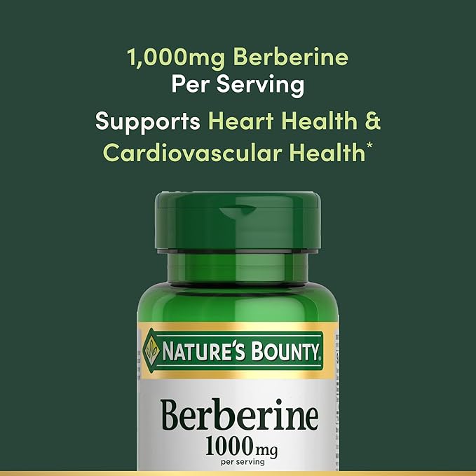 Nature's Bounty Berberine 1000mg – Blood Sugar, Cholesterol & Heart Health Support – Non-GMO, Gluten-Free – 60 Vegetarian Capsules