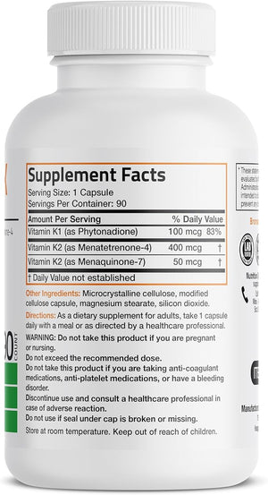 Bronson Vitamin K Triple Play – K2 MK7, K2 MK4, K1 – Full Spectrum Bone & Heart Support – 90 Capsules