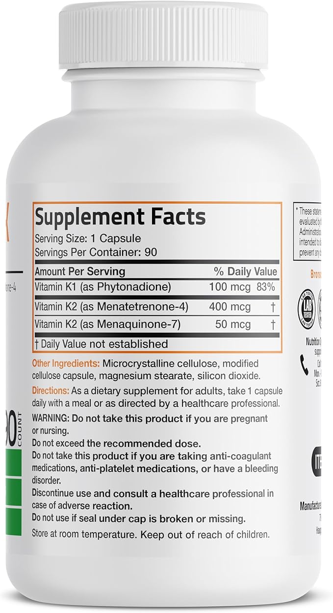 Bronson Vitamin K Triple Play – K2 MK7, K2 MK4, K1 – Full Spectrum Bone & Heart Support – 90 Capsules