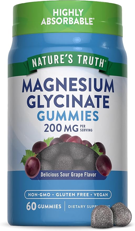 Natures Truth Magnesium Glycinate Gummies for Adults 200mg Grape Flavor Vegan Gluten Free Non GMO Supplement 60 Count