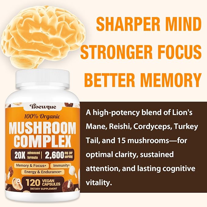 Tioewque 20-in-1 Organic Mushroom Supplement – Lion’s Mane, Reishi, Turkey Tail & More – Brain, Memory, Focus & Immune Support – 120 Vegan Capsules
