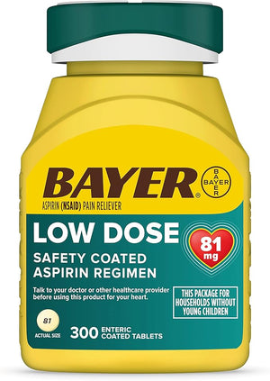 Bayer Aspirin Low Dose 81 mg – 300 Enteric Coated Tablets – Heart Health Support & Minor Pain Relief