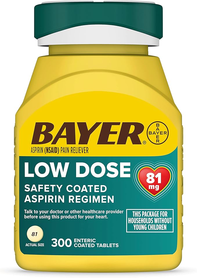 Bayer Aspirin Low Dose 81 mg – 300 Enteric Coated Tablets – Heart Health Support & Minor Pain Relief