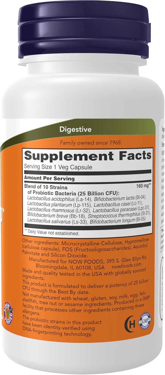 NOW Foods Probiotic-10 25 Billion CFU – 10 Clinically Validated Strains – Digestive & Immune Support – Non-GMO, Gluten-Free – 100 Veg Capsules