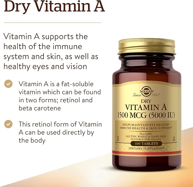 Solgar Dry Vitamin A 5000 IU (1500 mcg) – Eye, Immune & Skin Support – 100 Vegan Tablets – Non-GMO, Gluten Free