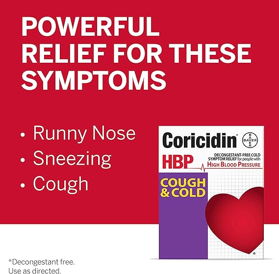 Coricidin HBP Cough & Cold Relief – 16 Tablets – Decongestant-Free, Safe for High Blood Pressure