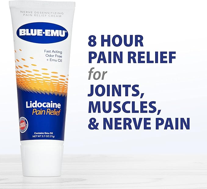BLUE-EMU Lidocaine Pain Relief Cream 4% Topical Numbing Relief – 2.7 oz Tube, 2 Pack – Fast-Acting and Odor-Free Formula