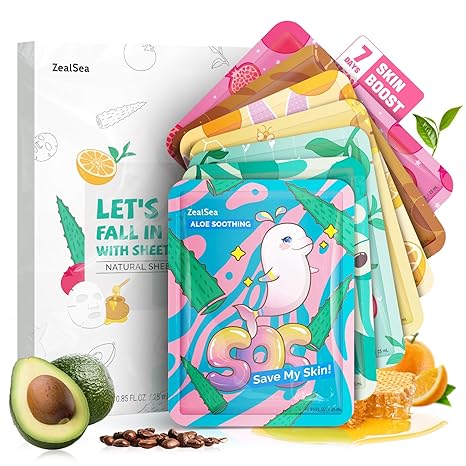 ZealSea Face Masks Skincare – 7-Pack Sheet Mask Set for Women, Teens & Kids – Hydrating, Soothing, Natural Facial Masks – Spa Party & Birthday Gift