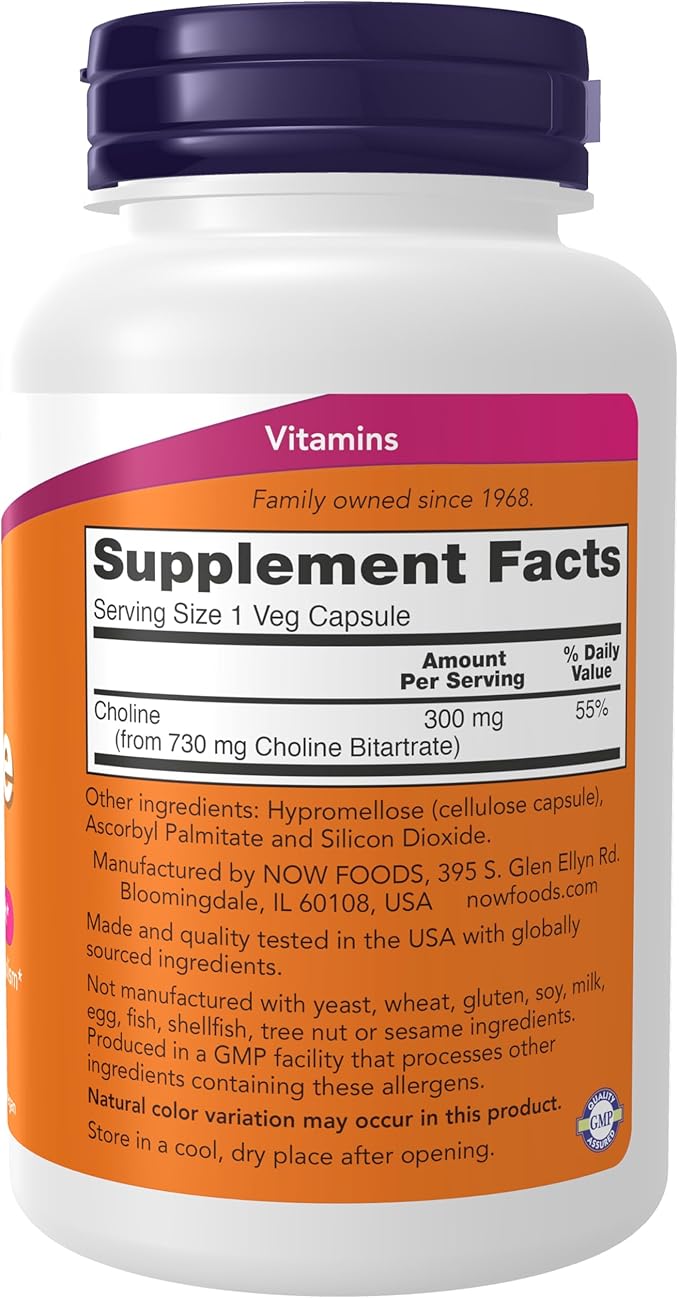 NOW Choline 300mg – Vegan Brain, Memory & Liver Support – 100 Veg Capsules