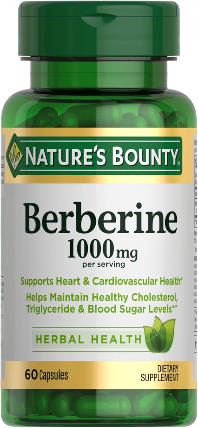 Nature's Bounty Berberine 1000mg – Blood Sugar, Cholesterol & Heart Health Support – Non-GMO, Gluten-Free – 60 Vegetarian Capsules