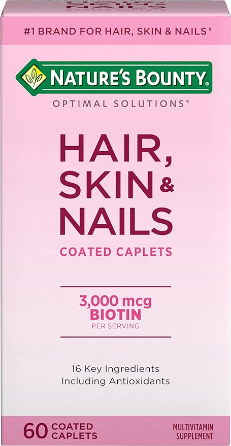 Nature’s Bounty Hair, Skin & Nails Caplets – 3000 mcg Biotin + Vitamins C & E – Hair Growth, Radiant Skin & Strong Nails – 60 Caplets