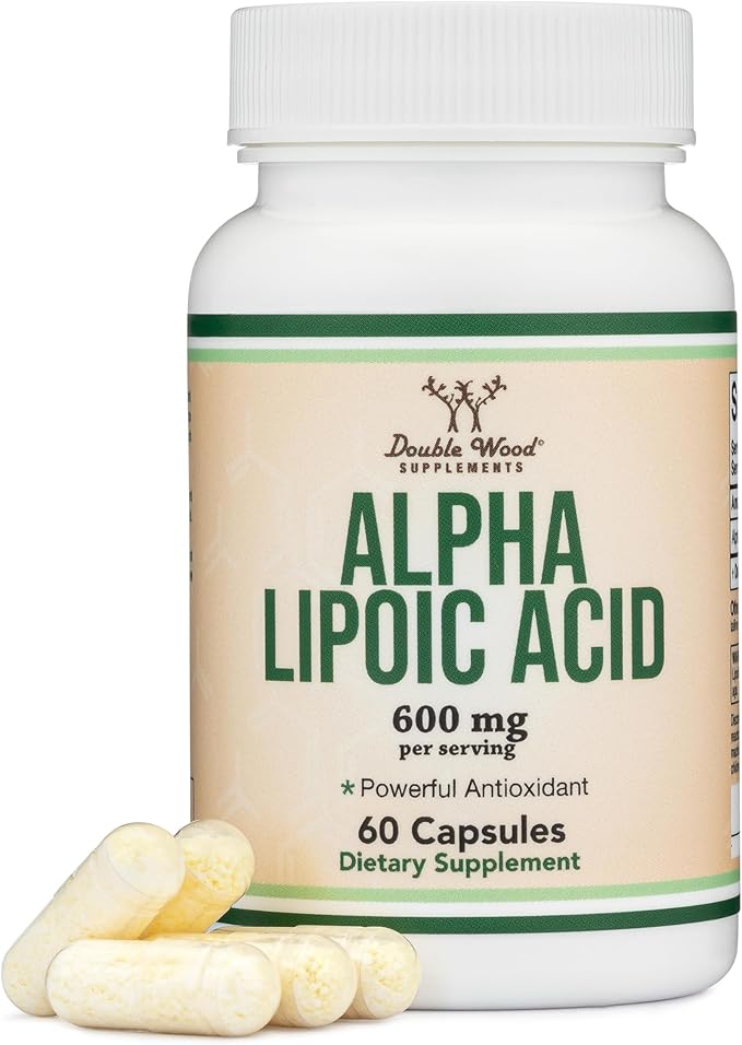 Double Wood Alpha Lipoic Acid 600mg – Antioxidant for Nerve & Cardiovascular Health – Vegan, Non-GMO, Gluten-Free – 60 Capsules