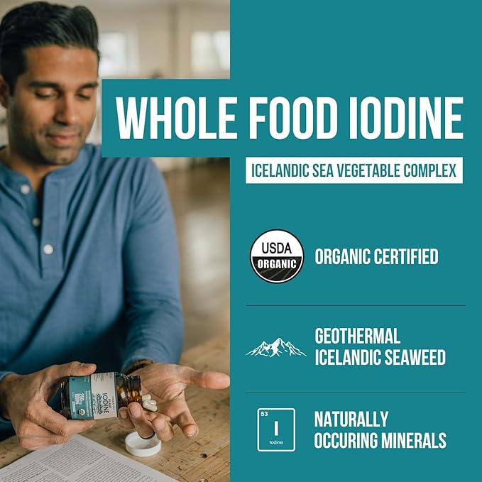 Organic Iodine 250mcg from Sea Kelp, Irish Moss & Bladderwrack – Whole Food Thyroid Support – 60 Capsules
