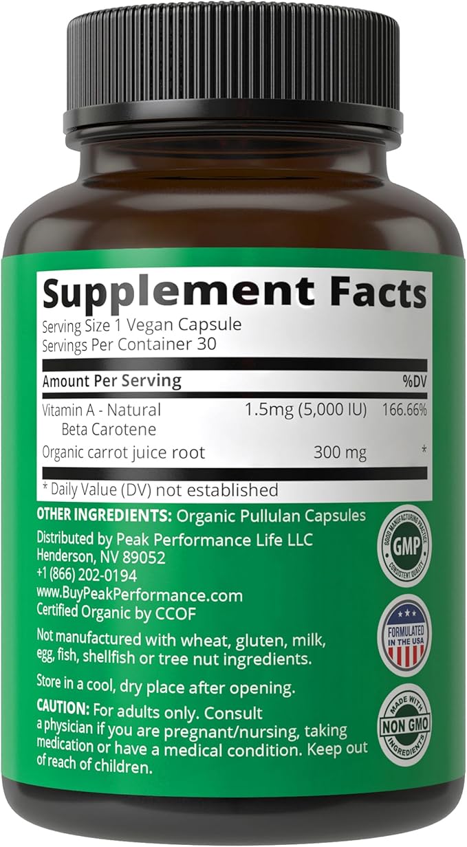 Certified Organic Vitamin A 5000 IU – Carrot Juice, Immune, Eye & Skin Support – Vegan, Non-GMO – 90 Capsules