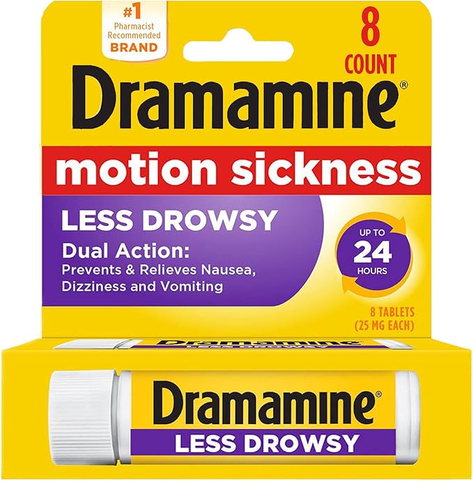 Dramamine All Day Less Drowsy – Motion Sickness Relief Tablets, 8 Count