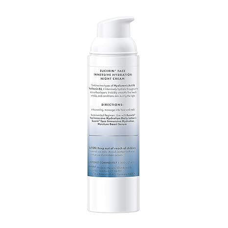 Eucerin Hydration Night Cream – Hyaluronic Acid, Provitamin B5, Lightweight, 2.5oz