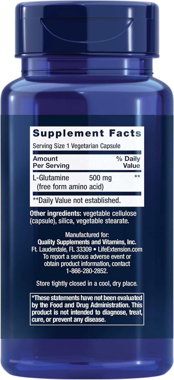 Life Extension L-Glutamine – 500 mg, Amino Acid Supplement, 100 Vegetarian Capsules, Gluten-Free, Non-GMO