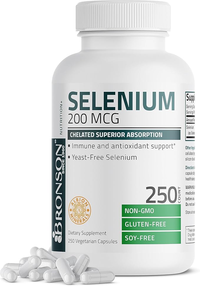 Bronson Selenium 200mcg – Yeast Free Chelated Immune & Thyroid Support – 250 Vegetarian Capsules