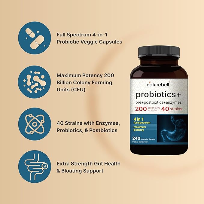 Probiotic 200 Billion CFU with 40 Strains, Prebiotics, Digestive Enzymes & Fiber – Gut Health & Bloating Support – Non-GMO, Gluten-Free – 240 Veggie Capsules