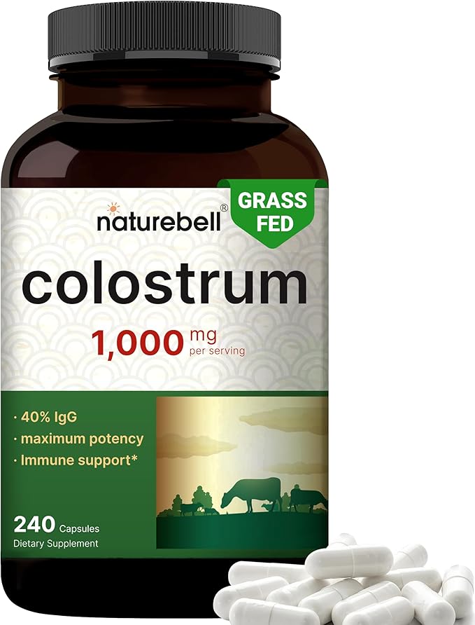 NatureBell Bovine Colostrum 1000mg – 40% IgG First-Milking Colostrum – Immune, Gut & Skin Support – Non-GMO, Gluten-Free – 240 Capsules (120 Servings)