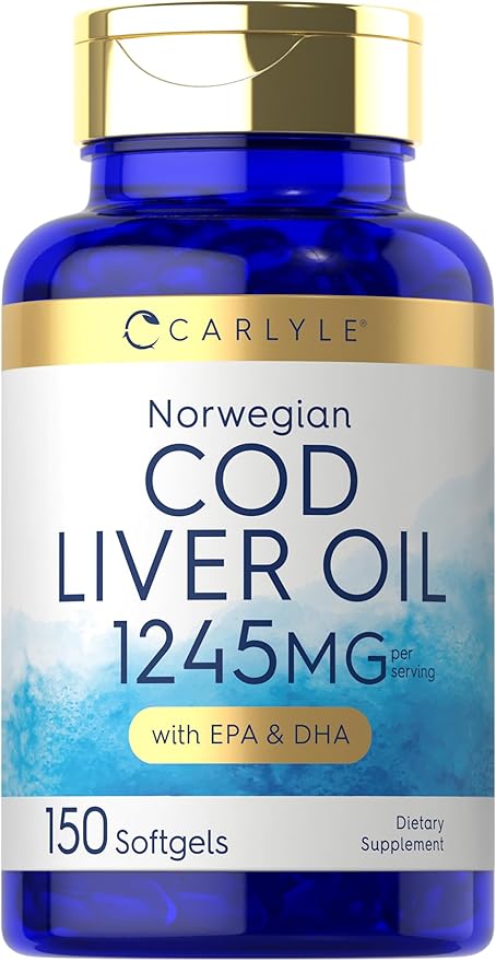 Carlyle Norwegian Cod Liver Oil 1245mg with EPA & DHA – Omega-3 Supplement – Heart, Brain, Joint & Immune Support – Non-GMO, Gluten-Free – 150 Liquid Softgels