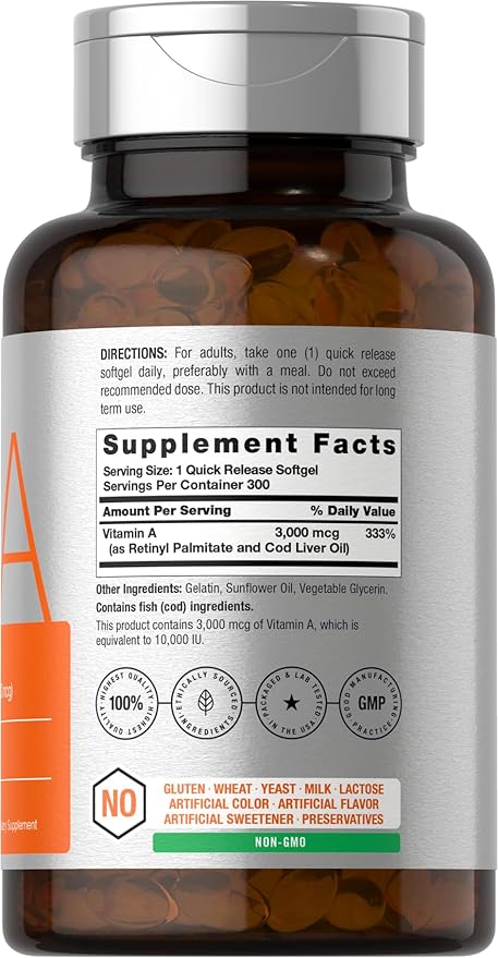 Horbäach Vitamin A 10,000 IU – Vision, Immune & Skin Support – 300 Softgels – Non-GMO, Gluten Free