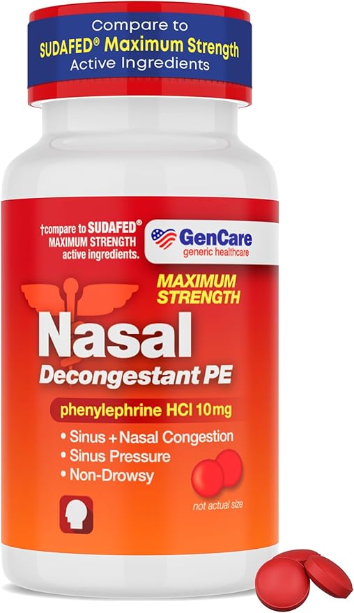 GenCare Nasal Decongestant 10mg – 300 Tablets – Phenylephrine HCl – Non-Drowsy Sinus & Congestion Relief