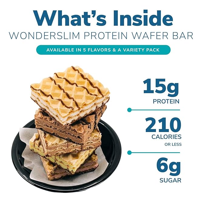 WonderSlim Protein Wafer Snack Bar Variety Pack – 15g Protein, Low Sugar, 0mg Cholesterol, Crunchy, 5 Flavors, 5ct