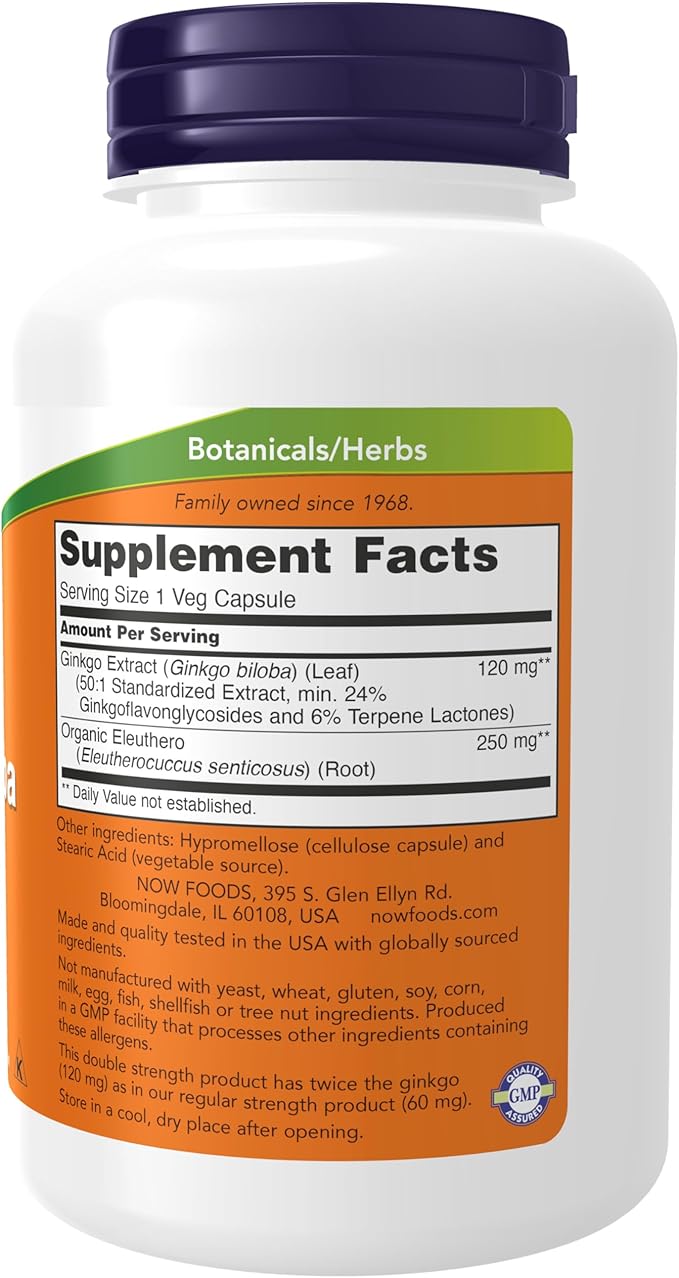 NOW Foods Ginkgo Biloba 120mg – Double Strength Brain, Memory & Circulation Support – Non-GMO, Gluten-Free – 200 Vegetarian Capsules