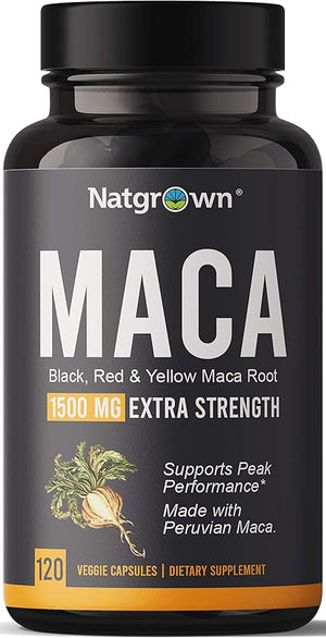 Natgrown Organic Maca Root Powder Capsules 1500mg – Red, Black & Yellow Peruvian Maca – Energy, Mood & Hormonal Support – Vegan, Non-GMO, Gluten-Free – 90 Capsules