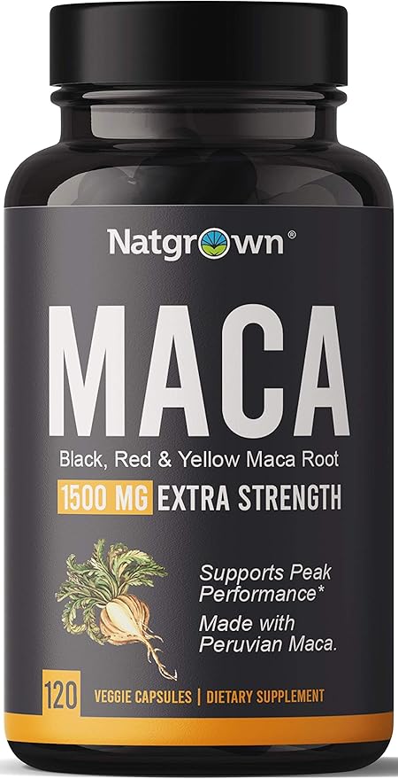 Natgrown Organic Maca Root Powder Capsules 1500mg – Red, Black & Yellow Peruvian Maca – Energy, Mood & Hormonal Support – Vegan, Non-GMO, Gluten-Free – 90 Capsules