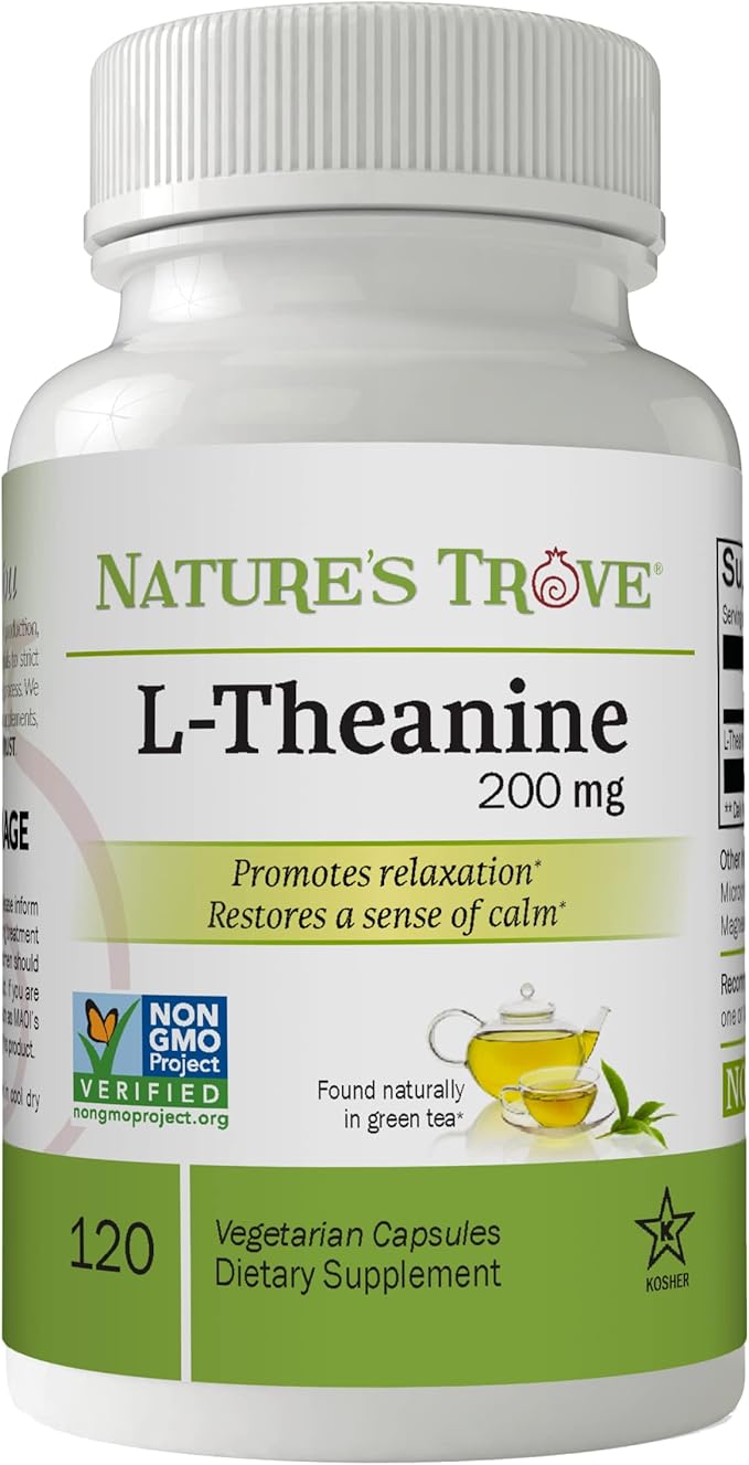 Nature’s Trove L-Theanine 200mg – Natural Stress Relief & Relaxation – Non-Drowsy, Green Tea Extract, Vegetarian, Non-GMO, Made in USA – 120 Capsules