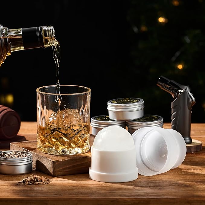 Whiskey Smoker Kit with Torch, 6 Wood Chips, 2 Glasses, Ice Ball Molds, Cocktail Gift for Men