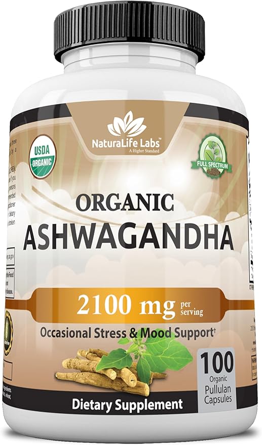 Organic Ashwagandha 2,100mg – High Potency Root Extract & Powder – Stress, Mood & Energy Support – Vegan, Non-GMO, Gluten-Free – 100 Capsules