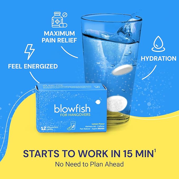 Blowfish for Hangovers – Fast Hangover Relief Tablets with Caffeine & Aspirin, Headache & Nausea Treatment, Hydration & Energy Booster, Lemon Effervescent, 1 Box