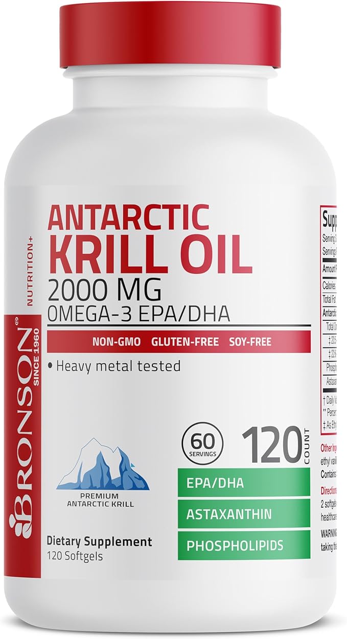 Bronson Antarctic Krill Oil 2000mg – Omega-3s EPA, DHA, Astaxanthin & Phospholipids – Heart, Joint & Brain Support – Non-GMO, Gluten-Free – 120 Softgels