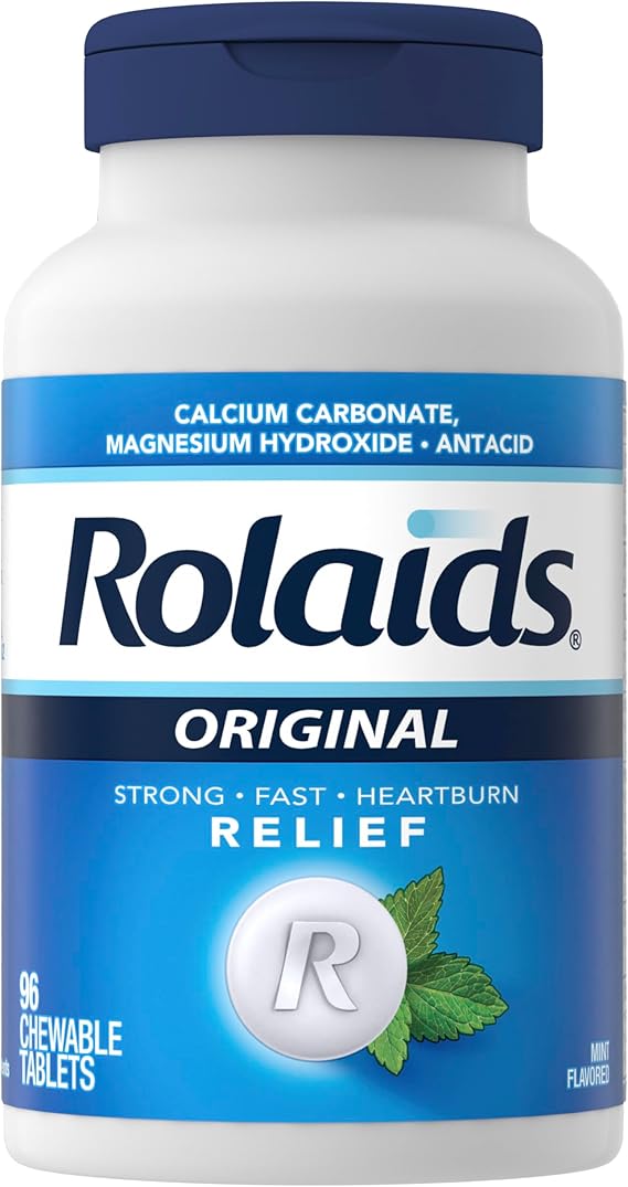 Rolaids Original Strength Antacid, 96 Chewable Tablets – Fast Heartburn Relief with Calcium & Magnesium – Mint Flavor