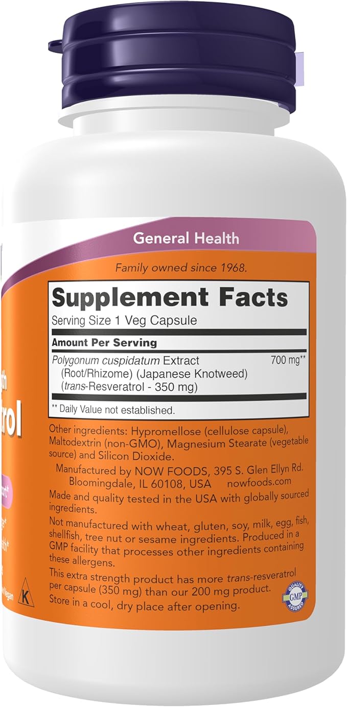 NOW Foods Extra Strength Resveratrol 350mg – Natural Trans-Resveratrol from Japanese Knotweed – Antioxidant & Cardiovascular Support – Vegan, Non-GMO, Gluten-Free – 60 Capsules