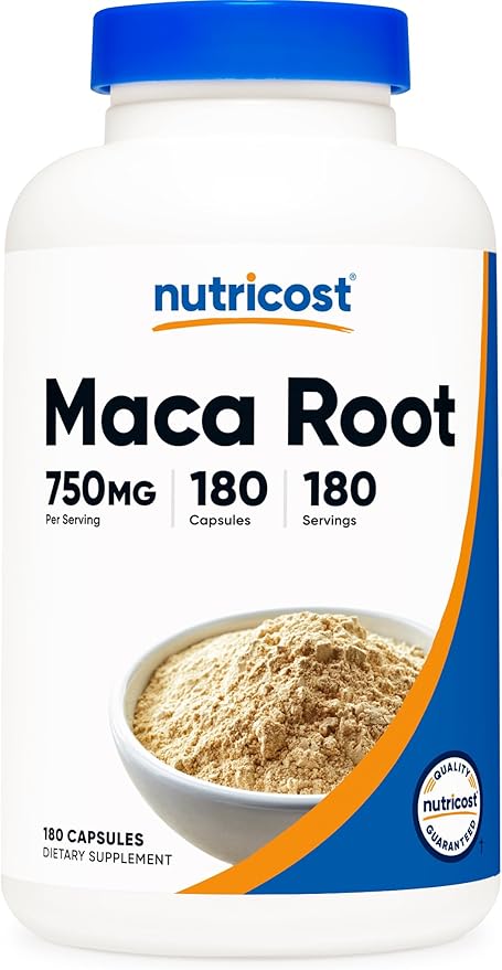 Nutricost Maca Root 750mg – Organic Peruvian Sourced – Energy, Mood & Hormonal Support – Non-GMO, Gluten-Free, Vegetarian – 180 Capsules