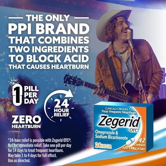 Zegerid OTC Capsules – 42 Count – Omeprazole 20mg + Sodium Bicarbonate – Dual-Action PPI for 24-Hour Frequent Heartburn Relief – Acid Reducer with Fast Absorption
